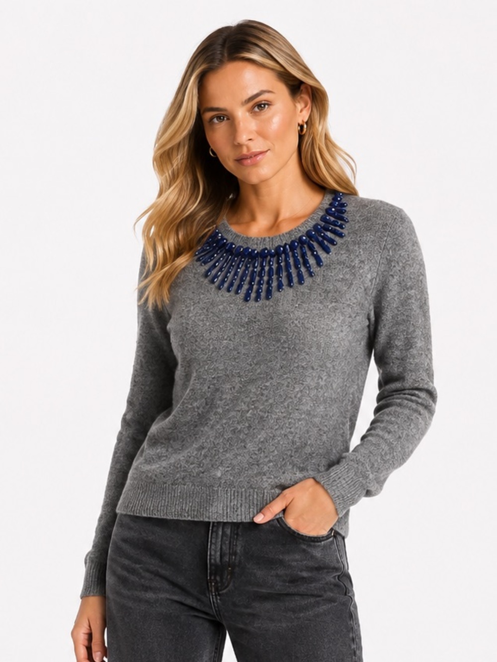 J. Crew Gray Blue Jeweled Neckline Back Zip Sweater Women’s Size S